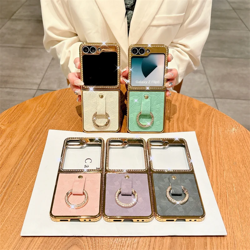 

Роскошный кожаный чехол-держатель для телефона с кольцом для Samsung Galaxy Z Flip 7 6 5 4 3, противоударный чехол с блестящим бриллиантом