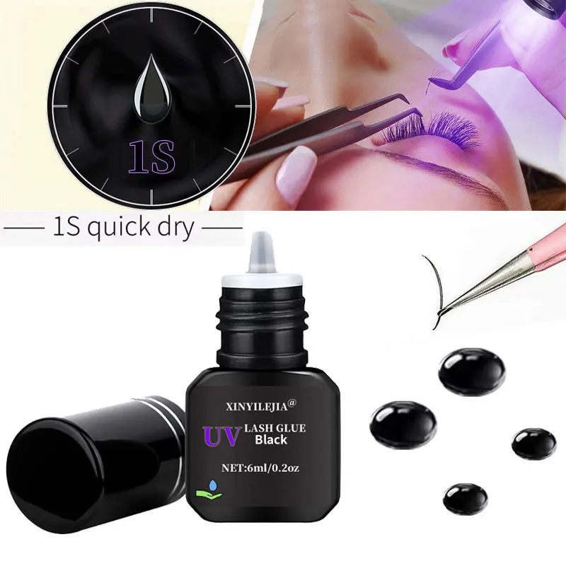 Cola para cílios postiços uv, 6ml, sem tpo, adesivo para extensão de cílios, cura leve, secagem rápida, roxo, preto, gel, ferramentas de maquiagem