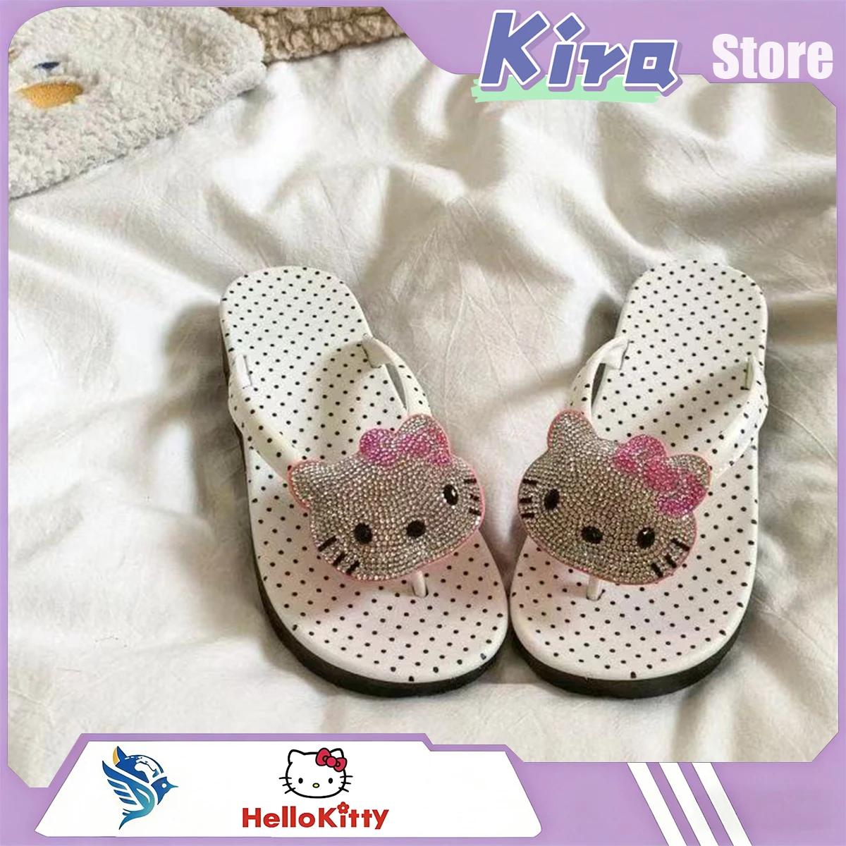 

HELLO KITTY Crystal Diamond thick-soled Beach Slippers Cute Cartoon style Slippers Outerwear Anti-Slip girlfriend Practical Gift