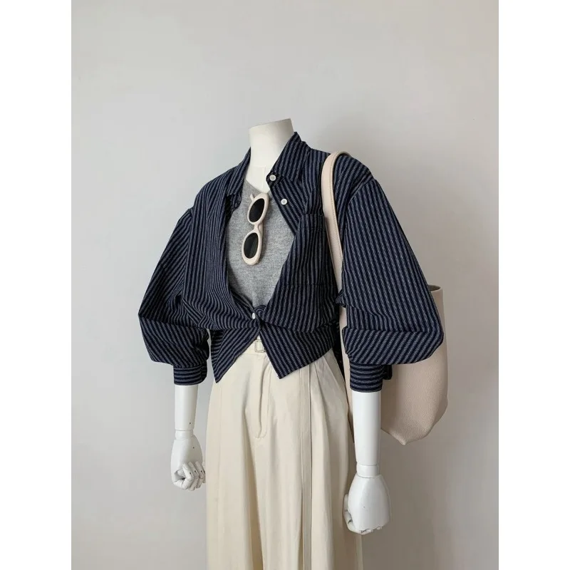 Frans high-end contrasterend verticaal gestreept shirt met lange mouwen voor dames, Koreaanse stijl chic design niche shirt temperament top