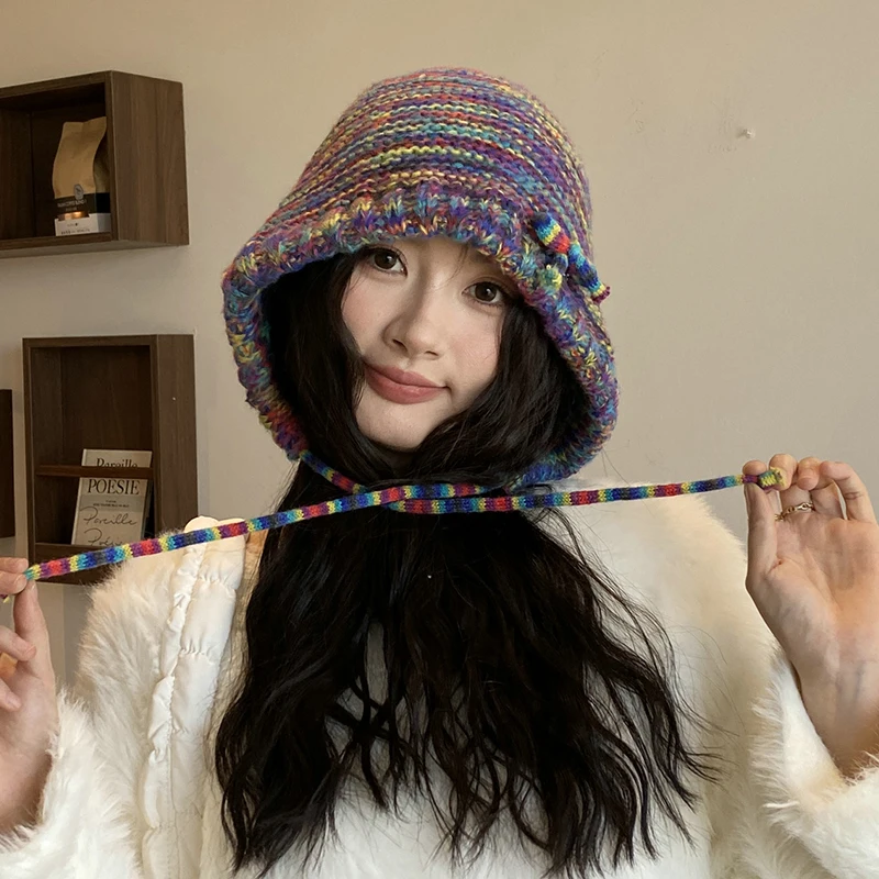 Winter Fisherman Hat Women Windproof Hooded Hat Skullies Colorful Knitted Drawstring Balaclava Outdoor Warm Hat Beanie Cap
