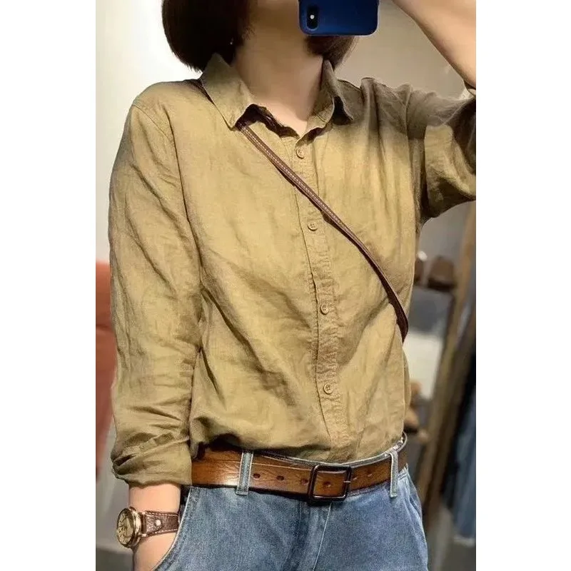 

Women's Teal Cotton Linen Blend Shirt Loose Fit Solid Color Long Sleeve Casual Button Down Blouse