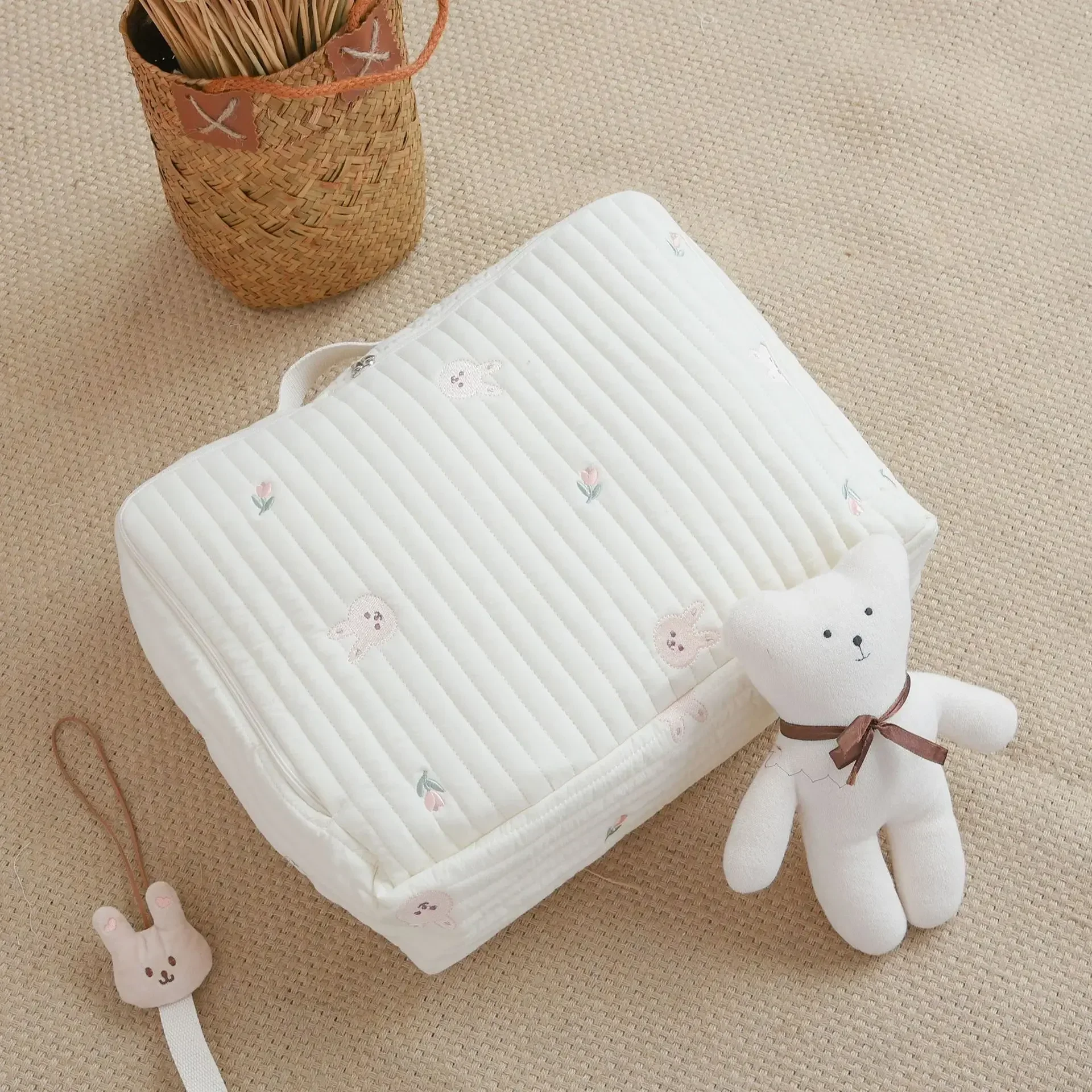 2026 New Cute Bear Flower Embroidery Pattern Baby Beige Cotton Fabric Zipper Diaper Luggage Bag Diaper Bag Backpack Bebes Ins