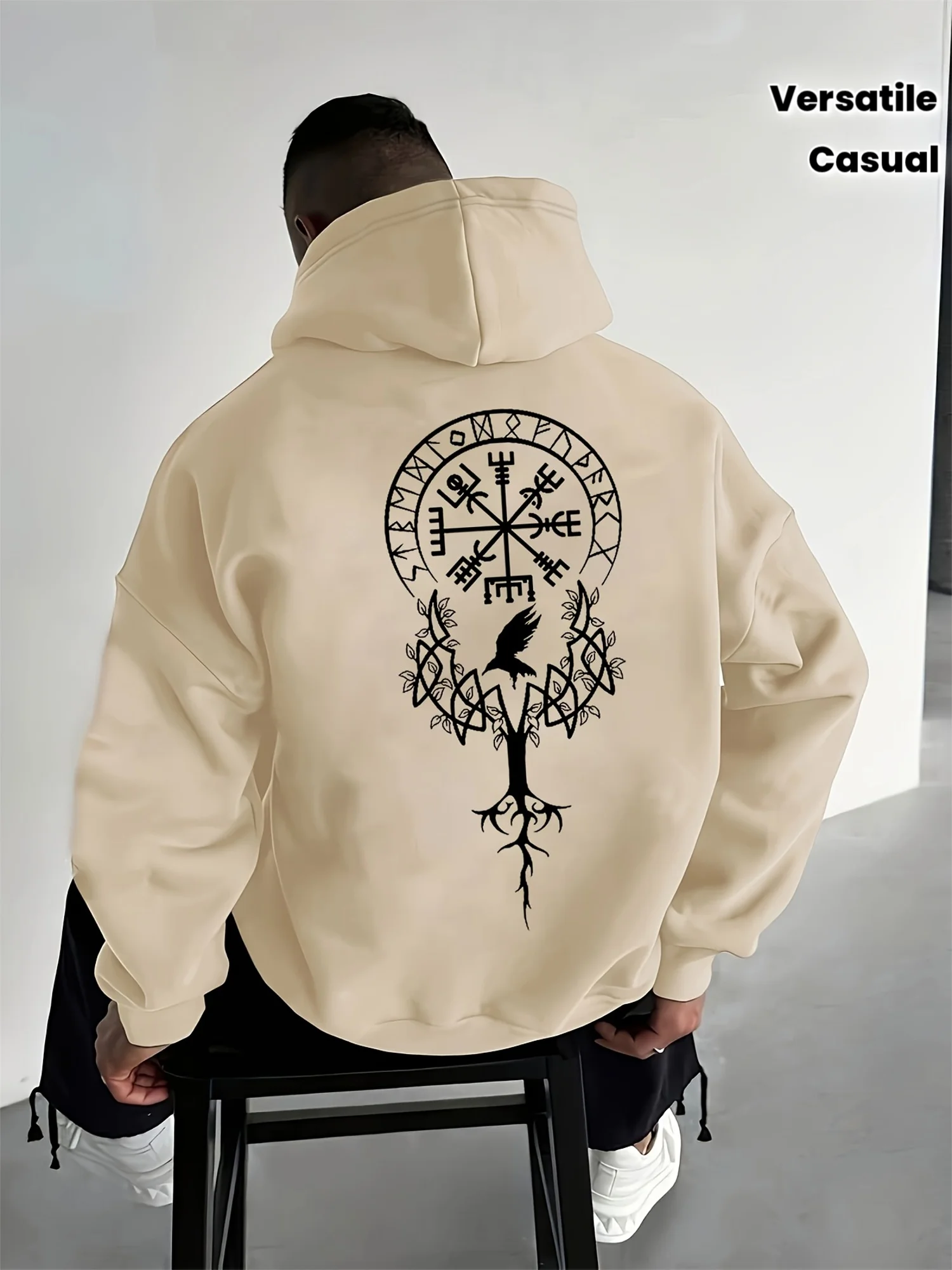 Viking Vegvisir Graphic Fleece Hoodies Warm Winter Mens Casual Athletic Gym Sweatshirt Loose Workout Pullover Streetwear Top