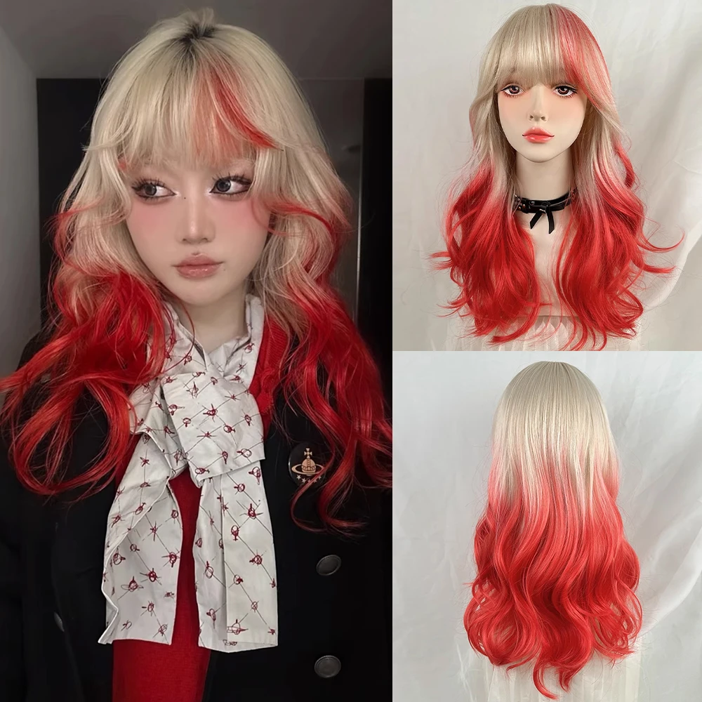 

Blonde Ombre Red Highlights Wig with Bangs Synthetic Long Straight Women Lolita Cosplay Fluffy Wig for Daily Party