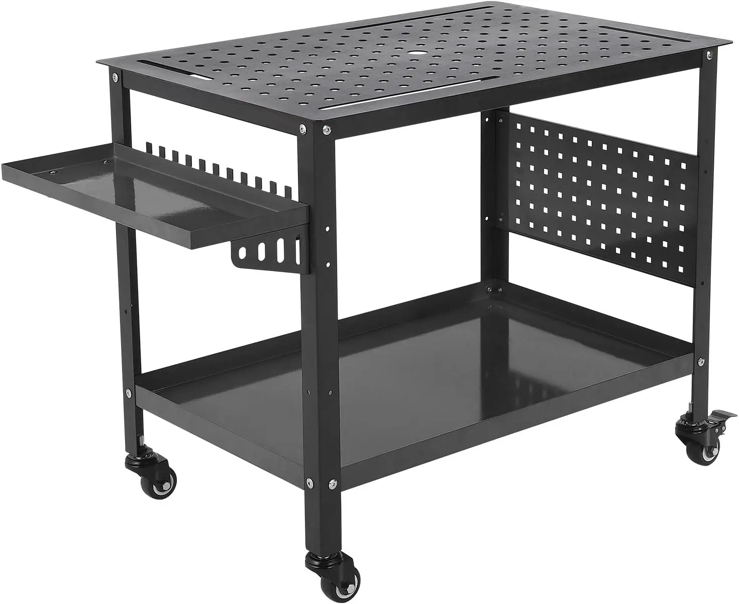 

Mobile Welding Workbench with Tool Tray, 36" x 24" Welding Table Top, Double-Layer Storage Board, 11 Hooks, 600 Lb