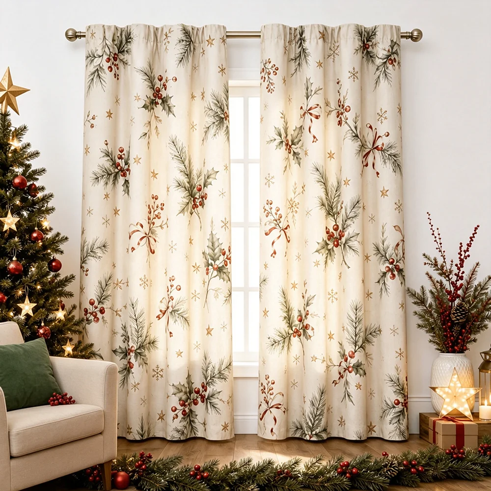 Beige Christmas Pine Holly Berry Star Curtains, Rod Pocket, Polyester, Home Decor, Bedroom Living Room, Vintage Decor, Polyester