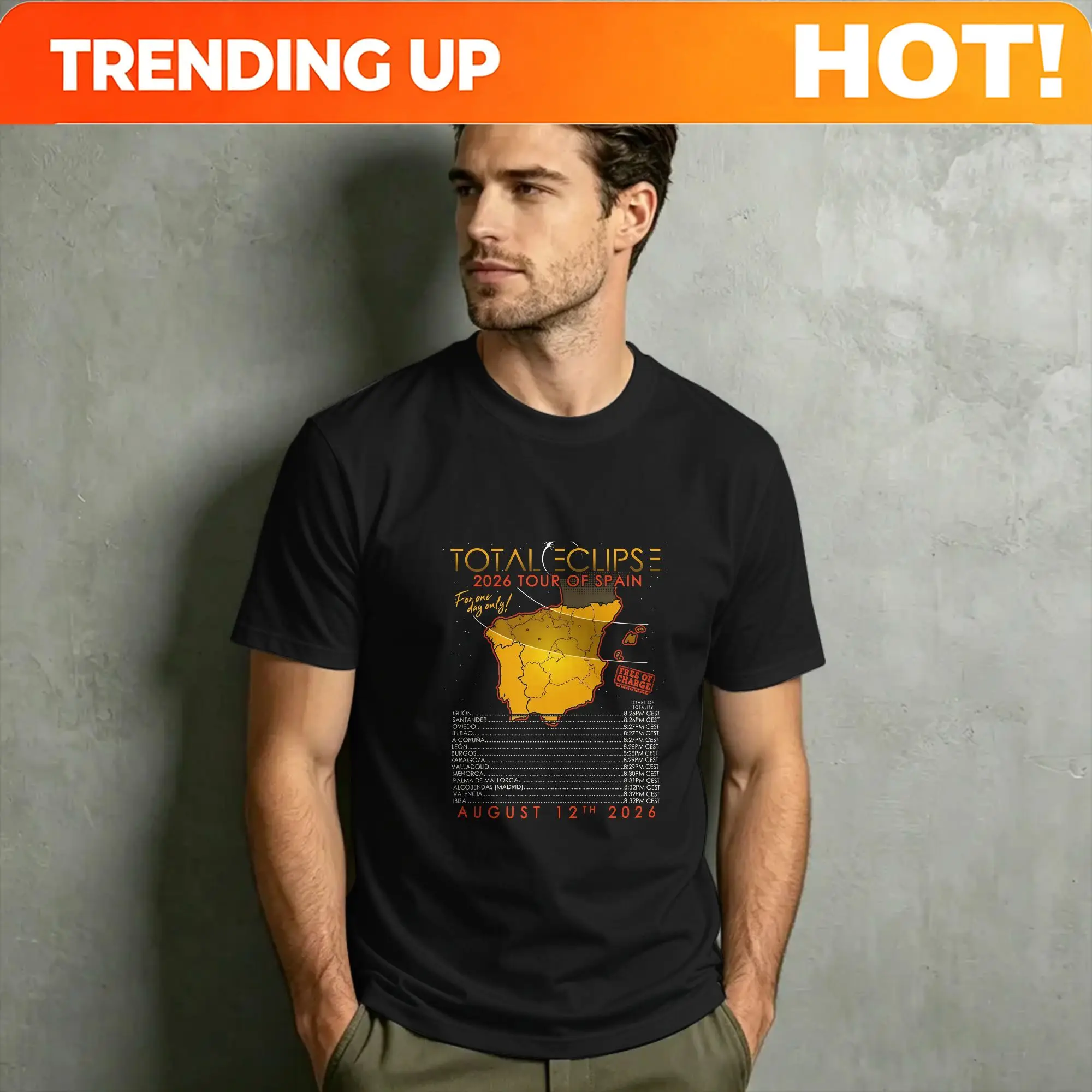 Customization Spain Total Solar Eclipse 2026 Men T Shirt Fun Tees Short Sleeve Crewneck T-Shirt Pure Cotton Printed Clothes