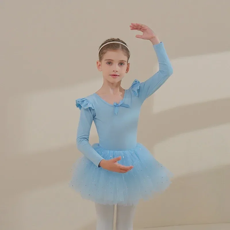 Long Sleeved Pure Cotton Blue Girls\' Training Clothes Preschool Ballet Skirt Grading Training Dresses Children\'s Dance Clothes