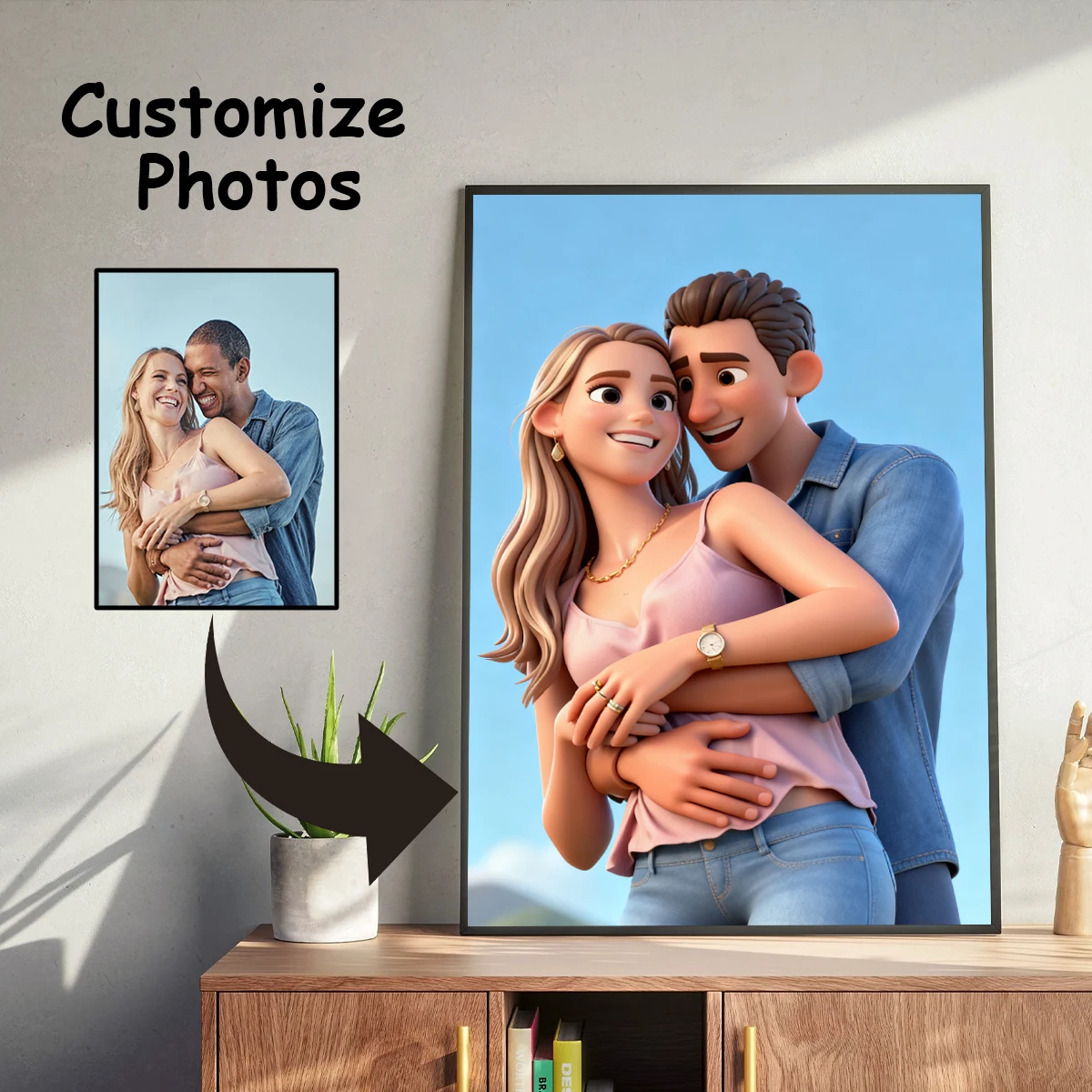 قطعة واحدة من ملصق الرسوم المتحركة المضحك المبالغ فيه، ديكور فني جداري بدون إطار، صورة زوجين حلوة، ديكور منزلي دافئ