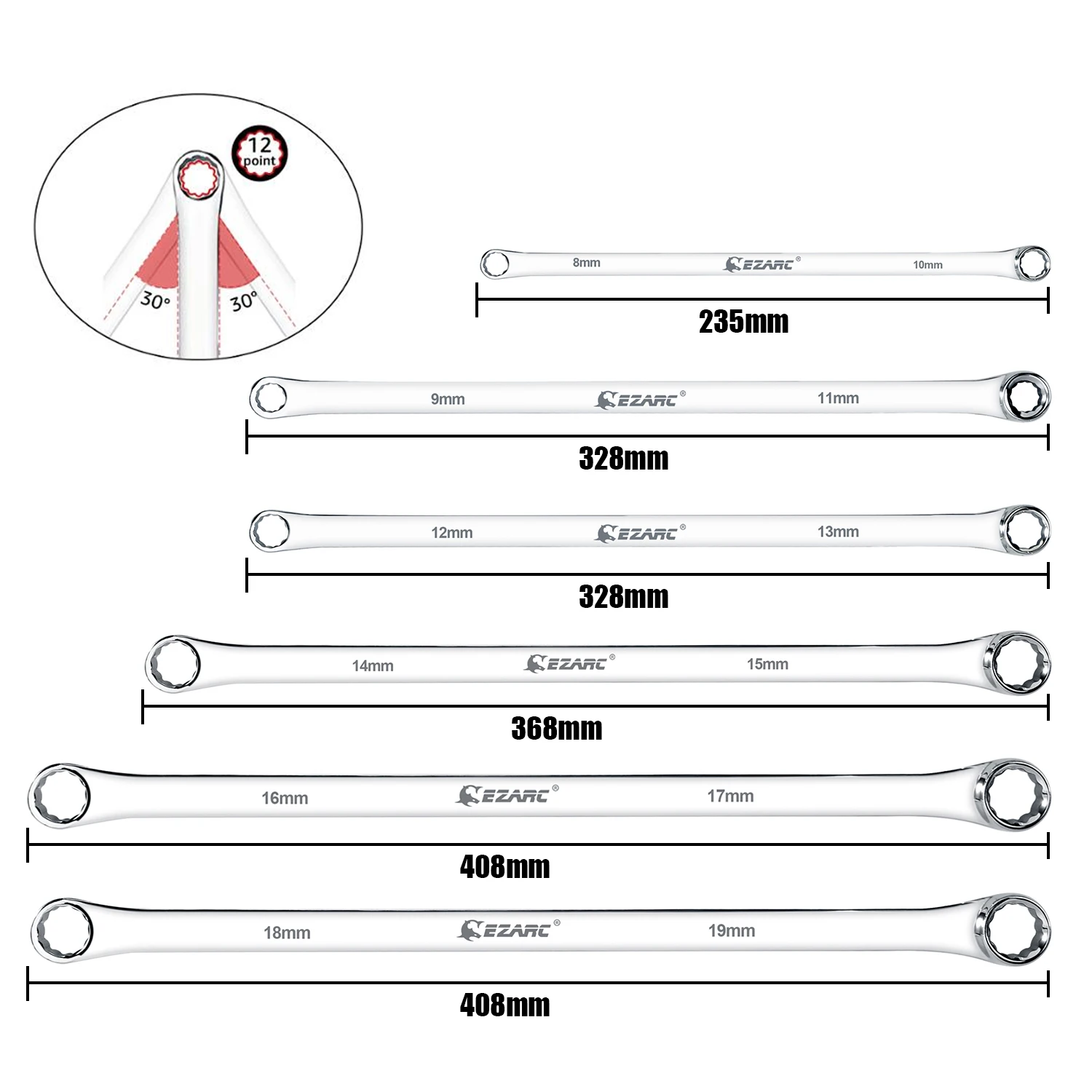 EZARC Extra Long Box End Wrench Metric Combination Durable Aviation Spanner CRV 8mm-19mm Chrome Vanadium Steel Aviation Wrenches