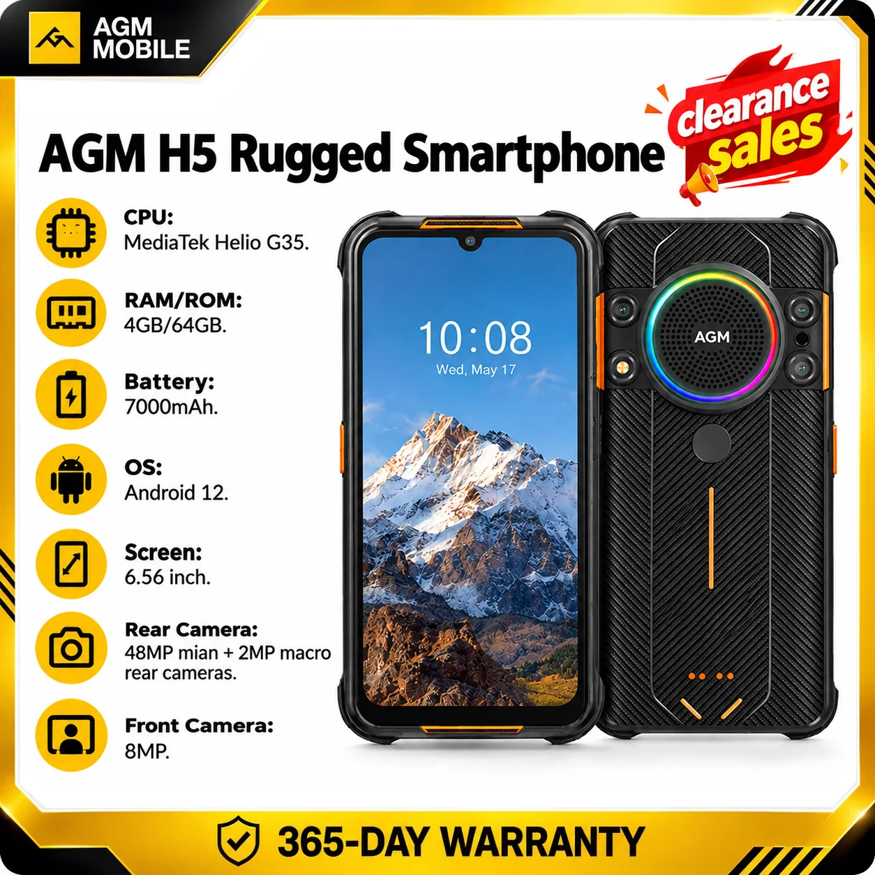 AGM H5 Rugged Smartphone 4+64GB Large Capacity 7000MAH IP68/IP69K Cell Phone 3.5W Loud Speaker Night Vision Rugged Phone