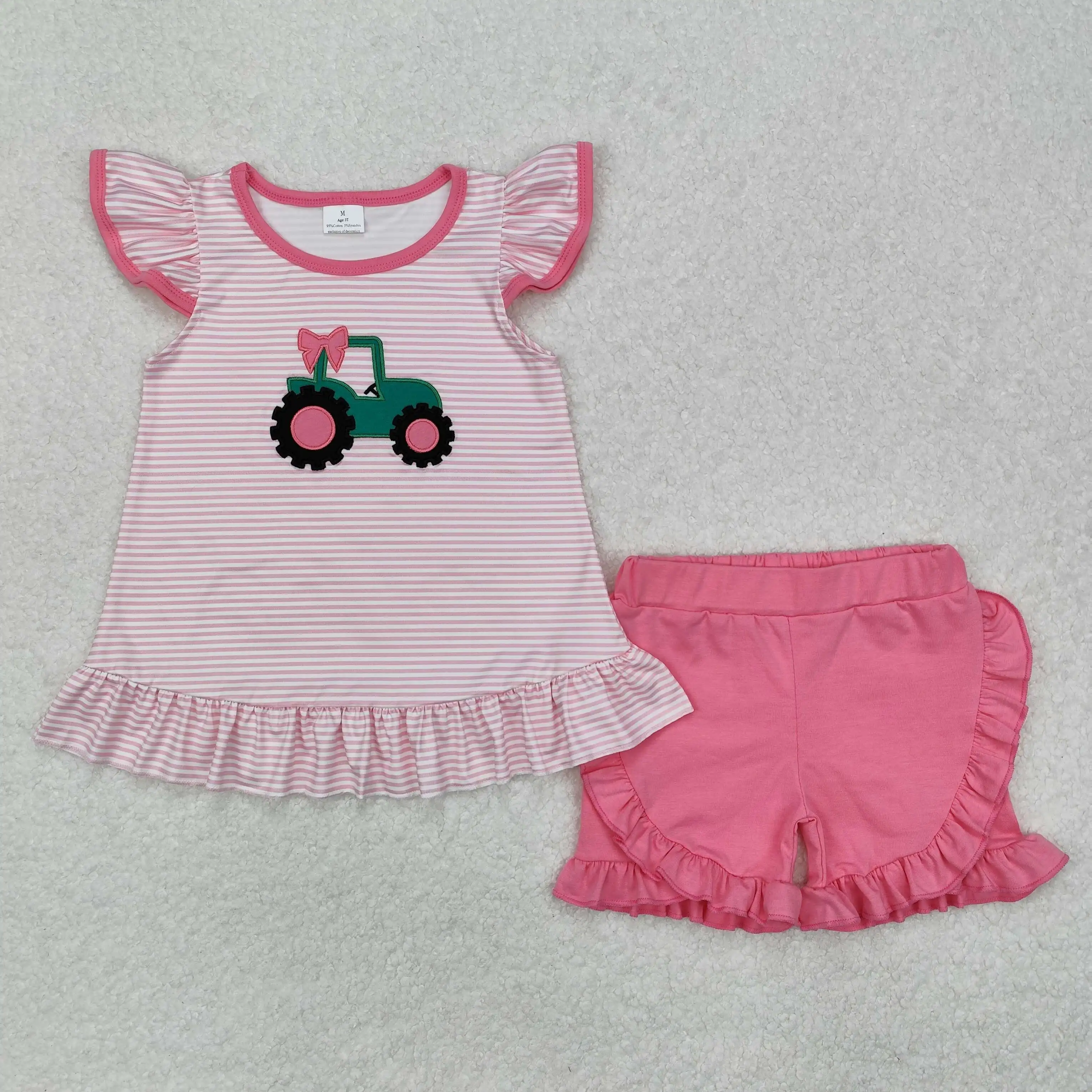 

New rts baby girls summer set wholesale boutique embroidery farm tractor pink striped flying sleeve girls shorts suit