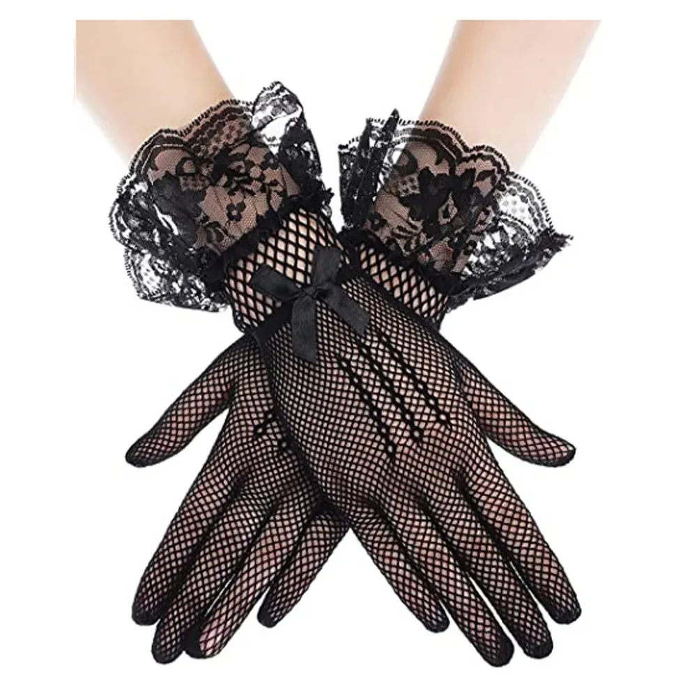 Women Black White Summer Uv-proof Driving Gloves Female Thin Fishnet Mesh Gloves Fashion Ruffle Full Finger Lace Mittens