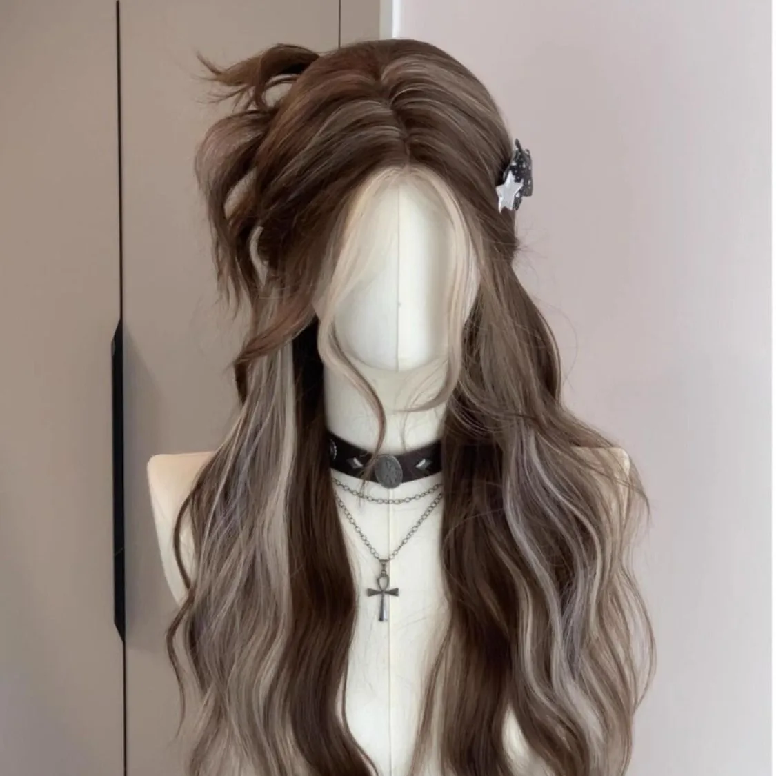 Brown Ash Highlight Long Water Wave Synthetic Wig Middle Part Face Framing Women Y2K Street Party Sweet Costume Hairpiece