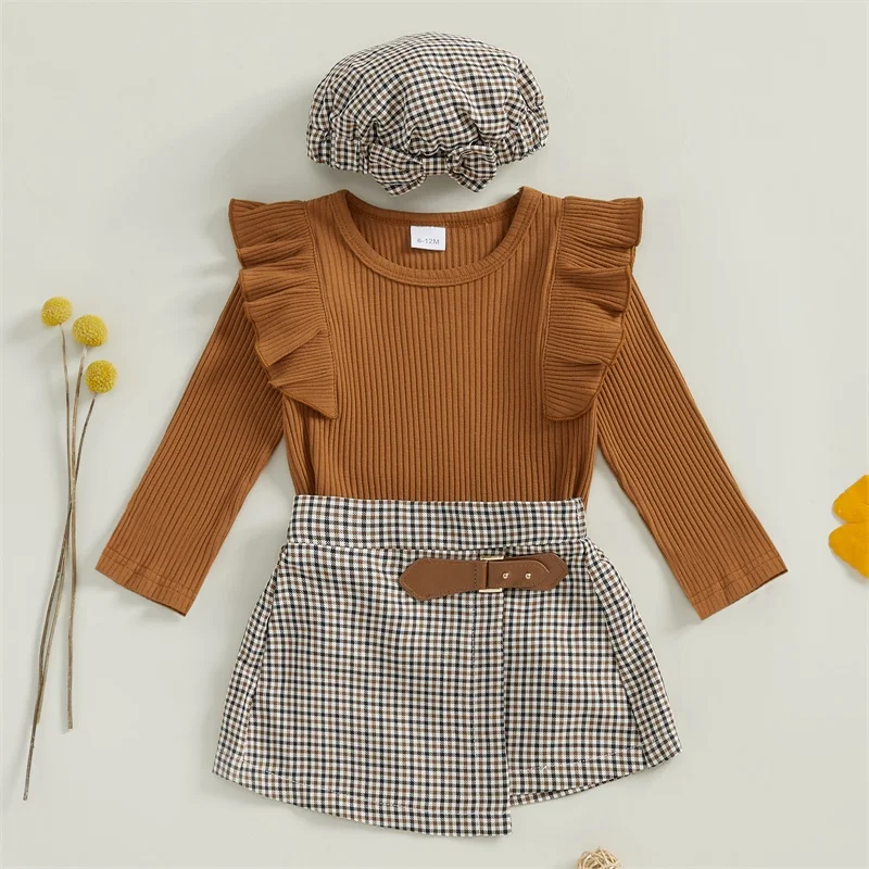 SUNSIOM 1-5 Years Toddler Girl Fall Outfits Solid Color Ribbed Knit Ruffles Long Sleeve Tops Plaid Skorts Hat 3Pcs Clothes Set