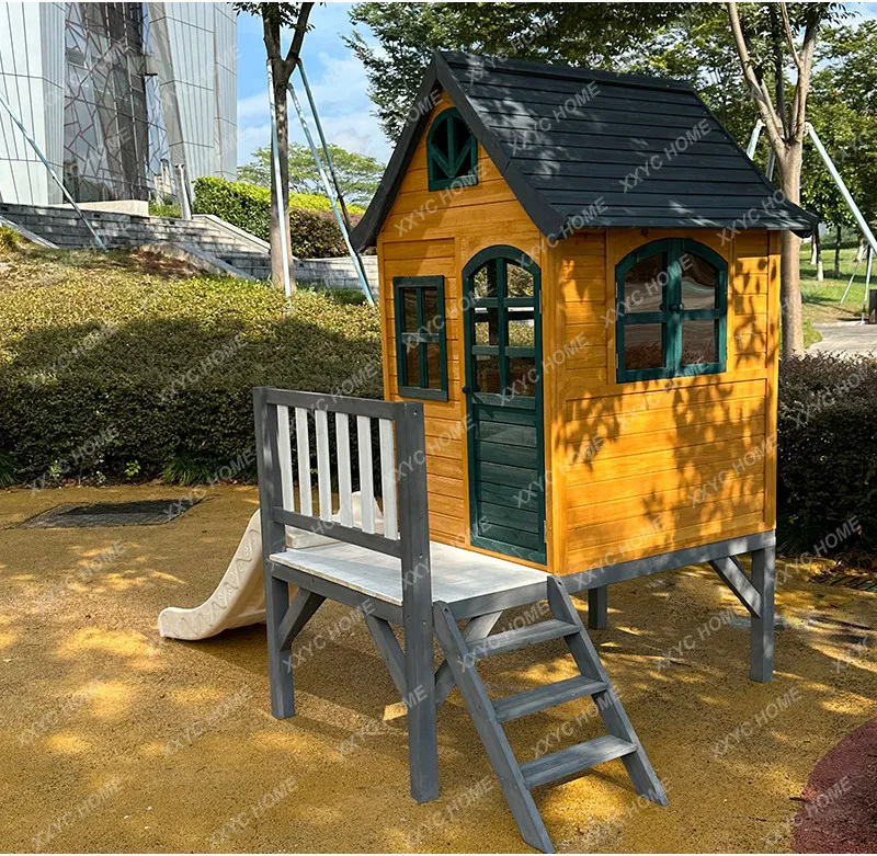 

Outdoor large children's wooden house game room climbing tree house slide tent house pink amusement park
