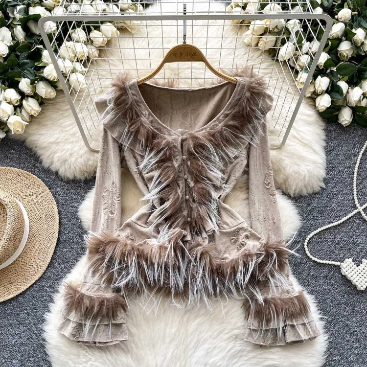 

American Vintage Feather Patchwork Hole Blouses Spring Autumn New Shirts Women Y2k Slim Waist Long Sleeve Blusas Mujer
