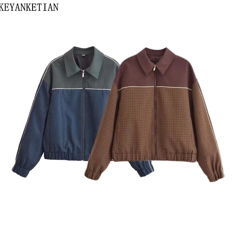 

KEYANKETIAN 2025 весенняя новая женская клетчатая куртка в тон, пальто в стиле ретро с отложным воротником на молнии, свободная тонкая верхняя одежда