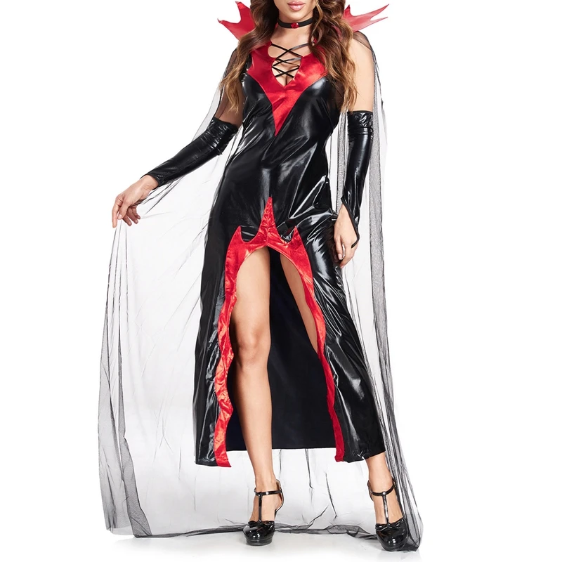 Halloween vampierkostuum voor dames Deluxe lange bodycon-jurk met cape-armmouwset Cosplay-outfits