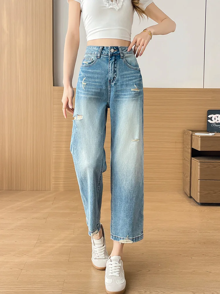 Ripped Straight Leg Jeans for Women Summer New Slim Fit Elastic Denim Pants Solid Color Versatile Thin Cropped Pants