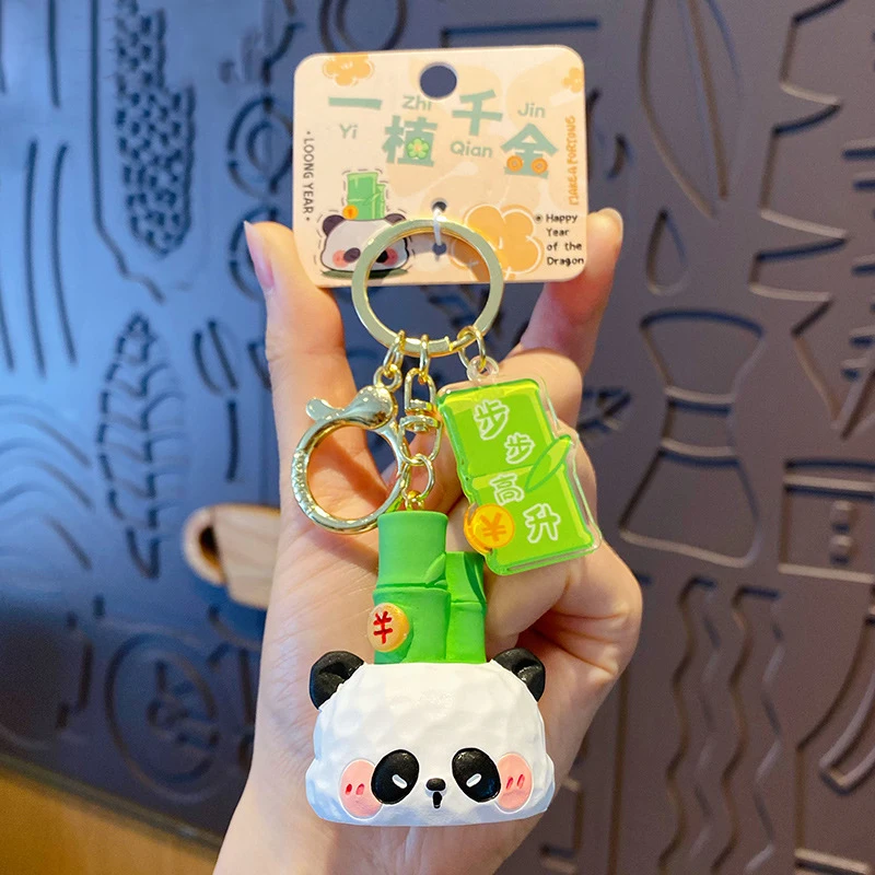 Cute Golden Ingot Fortune Tree Brown Bear Wood Carving Bamboo Joint Panda Keychain Tri-colored Cat Gathering Money Tree Keyring
