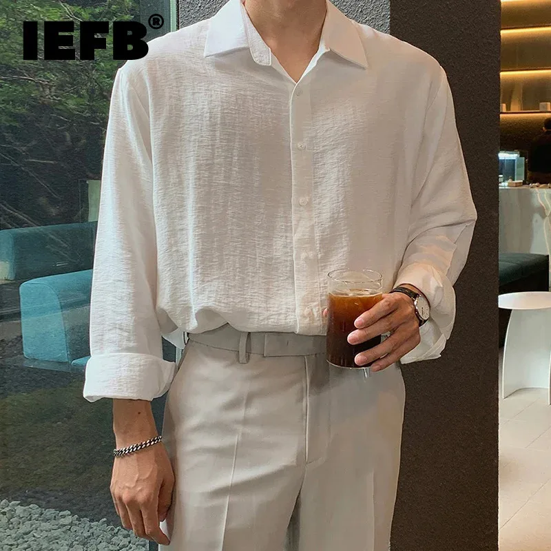 

IEFB Korean Style Men's Shirts Texture Design Turn-down Collar Single Breasted Tops Long Sleeve Solid Color Male Clothing 9C8279