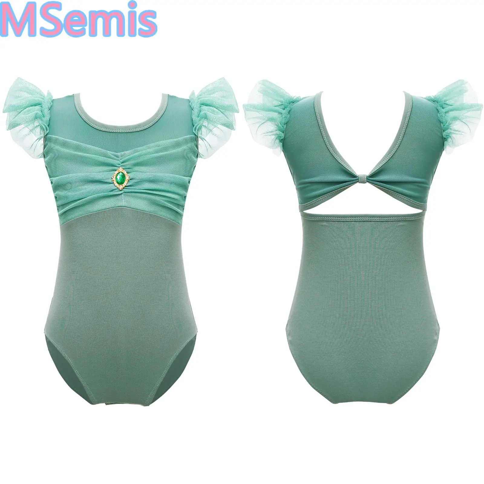 

Kids Girls Ruffle Ballet Dance Leotard Ruched Mesh Patchwork Cutout Back Bodysuit for Ballet Dance Gymnastics