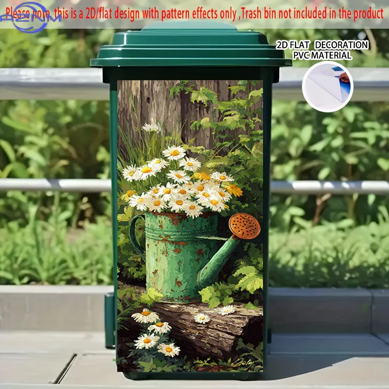 [2D Flat Printing] 1pc 2D Pattern Printed Kitchen Trash Can Sticker, X inch Old Kettle Daisy Sunflower Theme Kitchen Home Deco