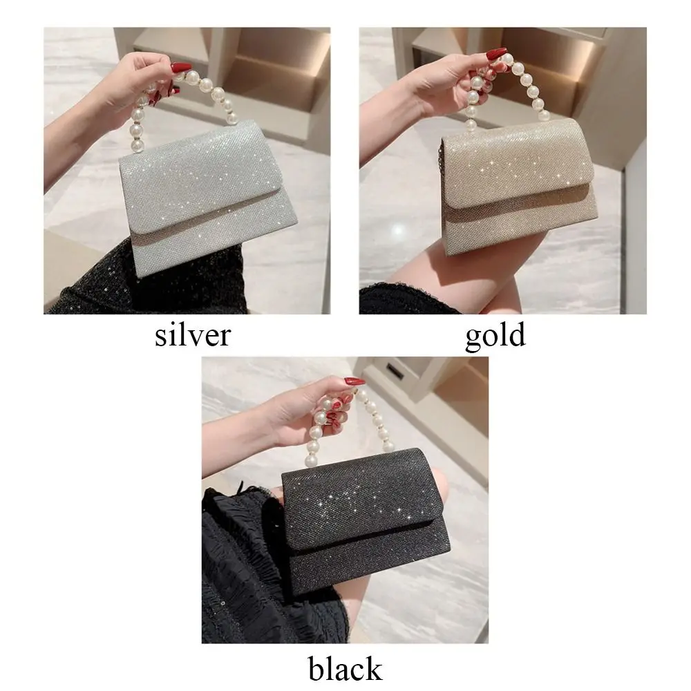 Pearl Chain Shoulder Bags Luxury Purse Gold Bright Silk Evening Bag Women Elegant Fashion Banquet Clutch Female Handbag