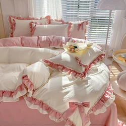Juego de cama Rosa Kawaii, fundas de cama con volantes de princesa, juego completo, funda de edredón de algodón lavado, Sábana, funda de almohada decoración dormitorio