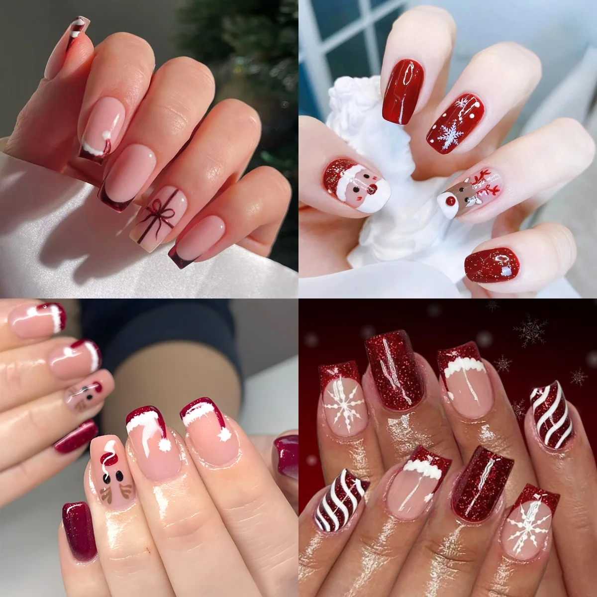 

96pcs Christmas Nail Tips Set with Jelly Glue Almond Square Shape Holiday Design Acrylic Fake Nails Festive Street Style Gifts *