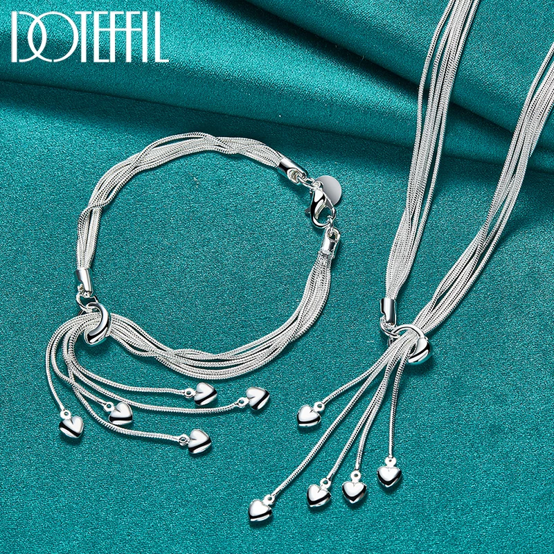 

DOTEFFIL 2pcs 925 Sterling Silver Five Snake Chain Heart Bracelet Necklace For Woman Man Wedding Engagement Fashion Jewelry