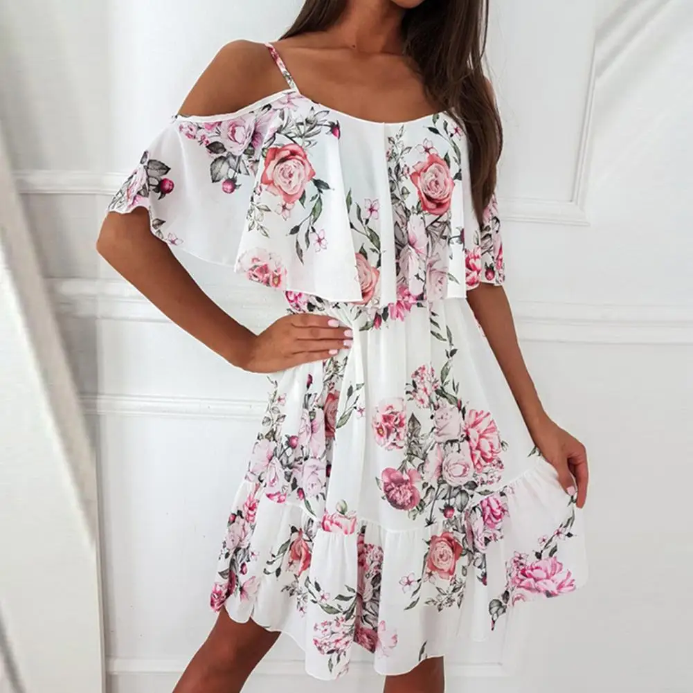 Trendy Mini Dress Flower Print Flounce Edge Colorful Above Knee Short Sleeve Women Dress  Female Dress Spaghetti Strap