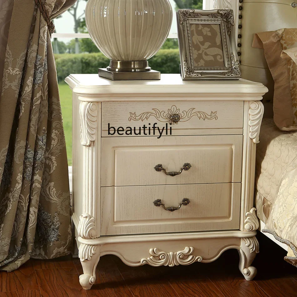 

European-Style Solid Wood Bedside Cabinet White Pastoral Style Elegant Antique Bedside Table Home Furniture