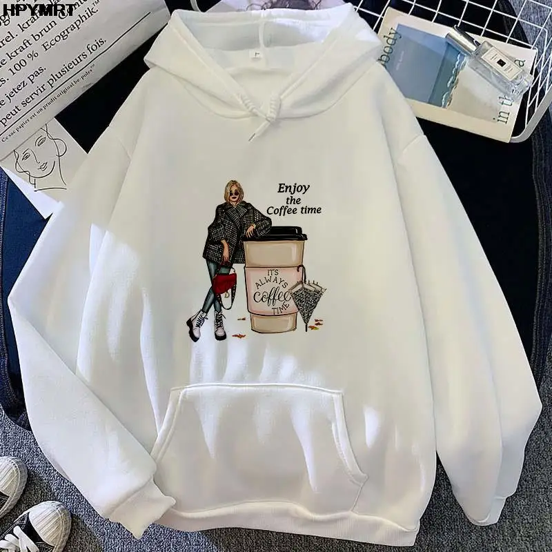 

New Spring Autumn Fashion graphics women's clothing enjoy coffee time cartoon Beauty Prints ​Hipster Hooded Casual Tops M-XXXL