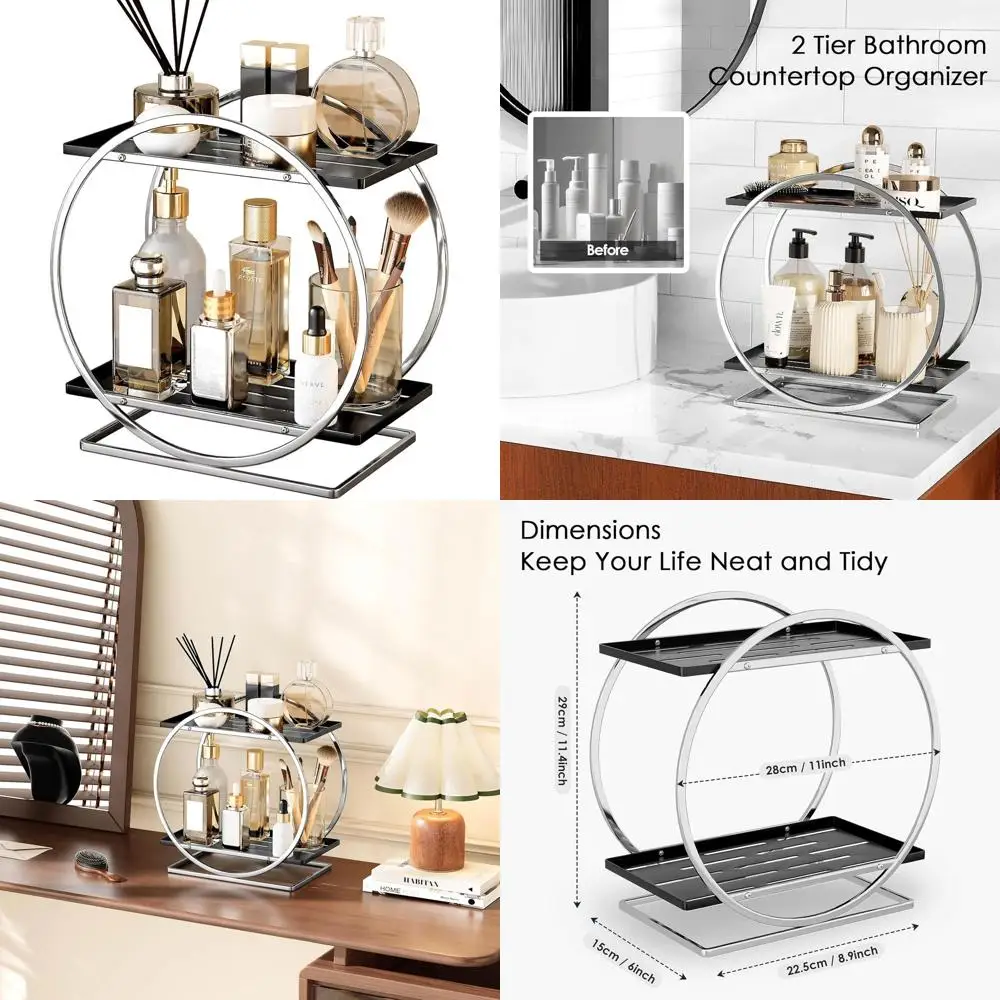 

Dual-Level Vanity Organizer, Silver & Black Perfume Holder, Versatile Makeup Storage, Spacious Cosmetic Organizer, Elegant Gift-