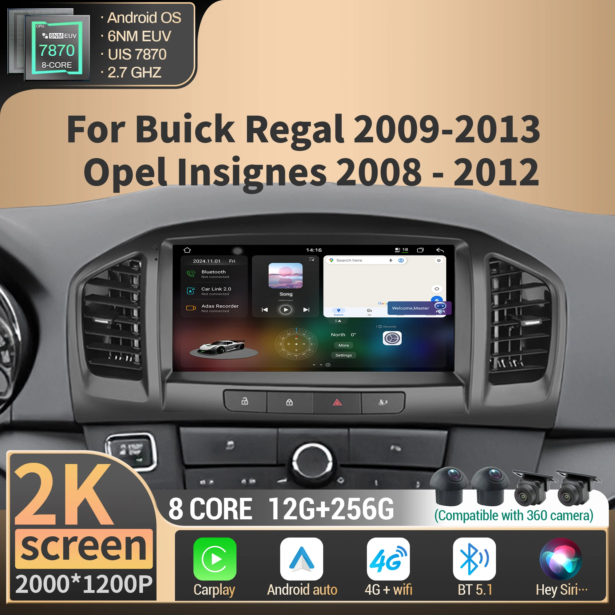 

For Buick Regal 2009-2013 Opel Insignia 2008-2012 Android Car Radio Wireless Carplay Multimedia 4G GPS CPU 7870 2K QLED Screen