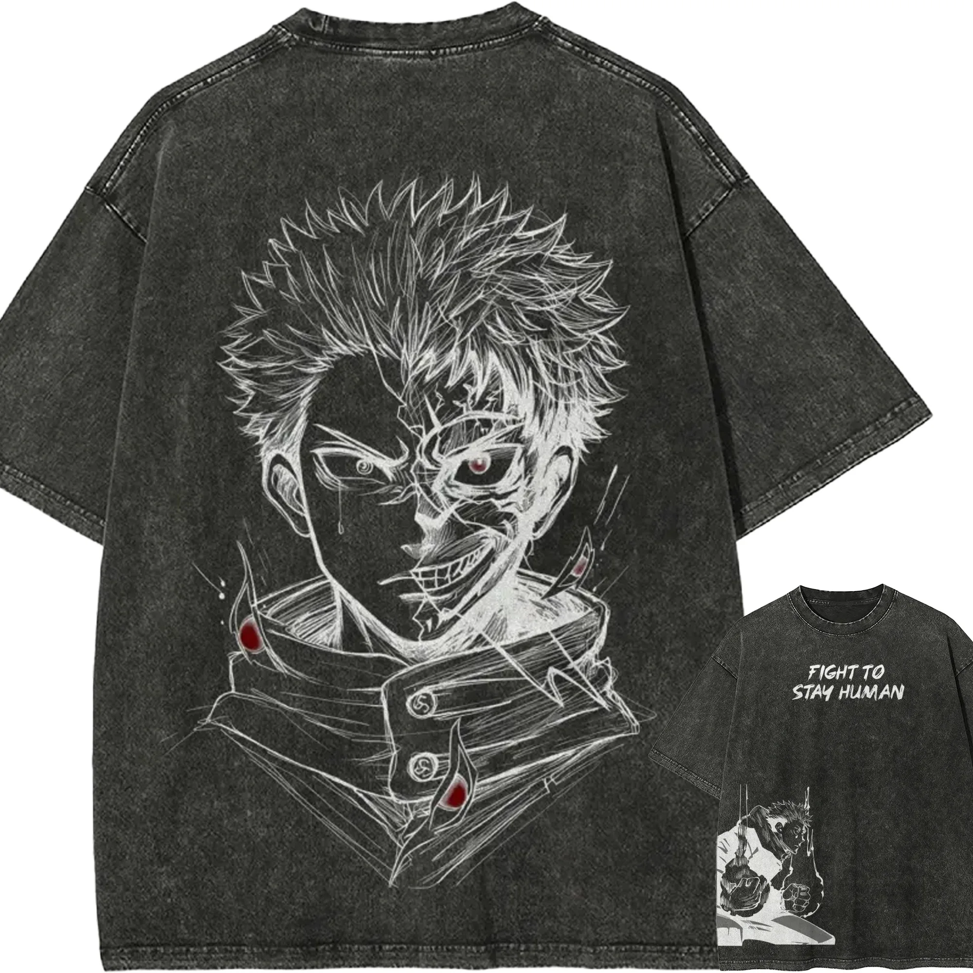 

Itadori Yuji Sukuna Split Face T-shirt Jujutsu Kaisen Tee Vintage Washed Oversized Anime Harajuku Men Streetwear Graphic Clothes