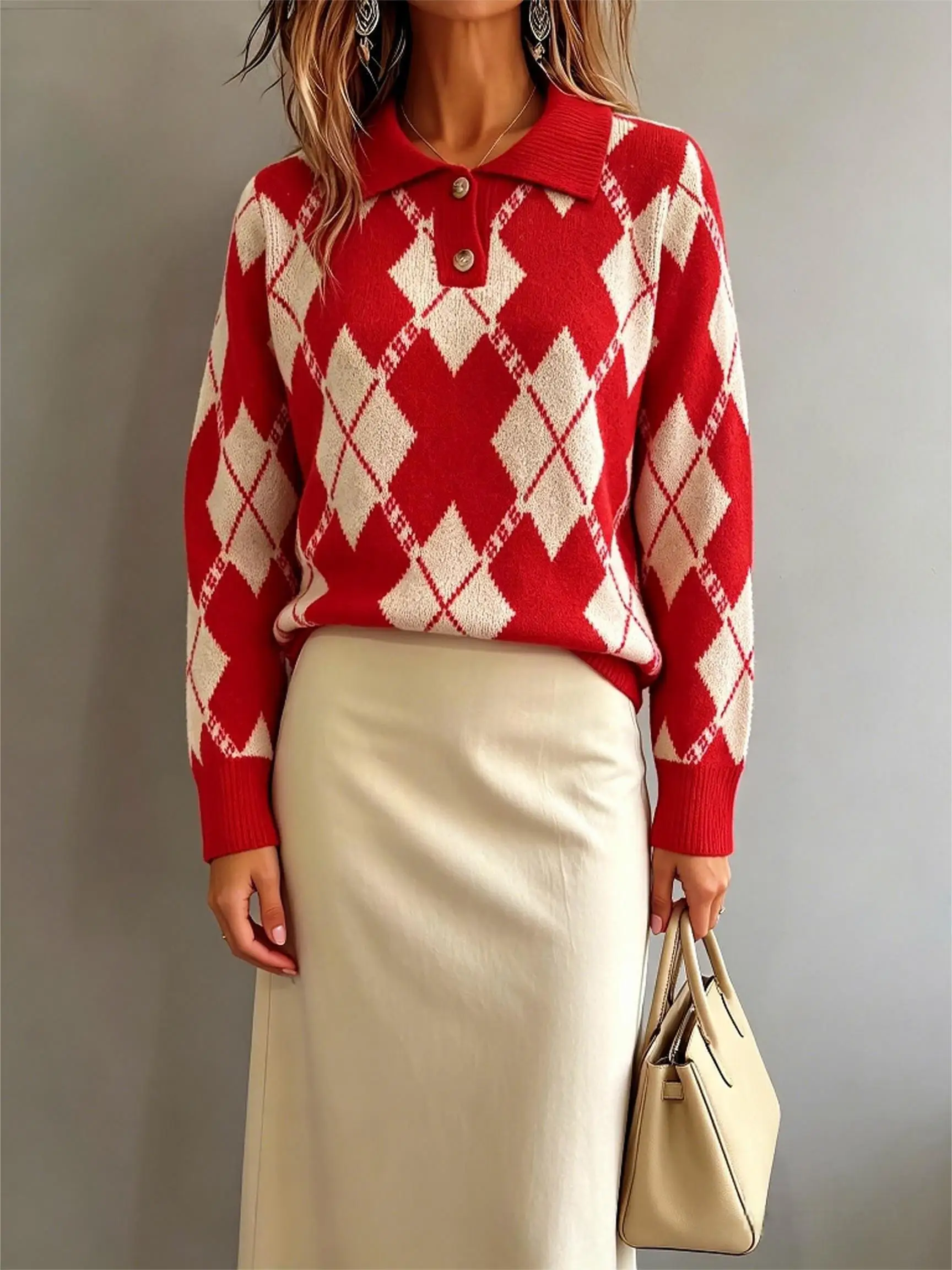 Plus Size Argyle Sweater Women Polo Collar Button Front Long Sleeve Preppy Knit Pullover Red White Casual Autumn Winter Tops