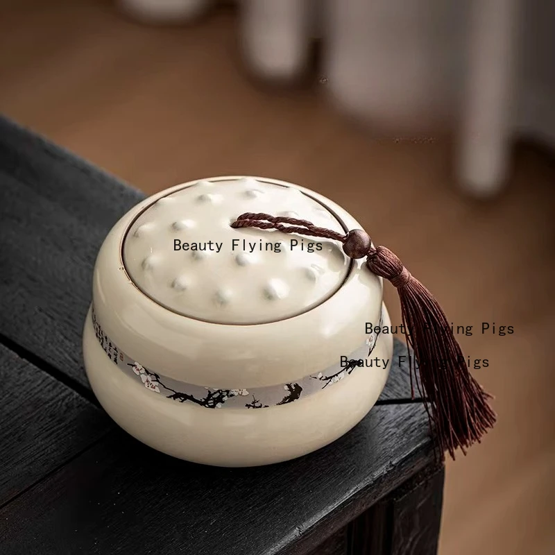 Ceramic Tea Jar Coffee Bean Storage Jar Spice Jar Chinese Facial Mask Powder Can with Cover Tea Ceremony Accessories Teaware