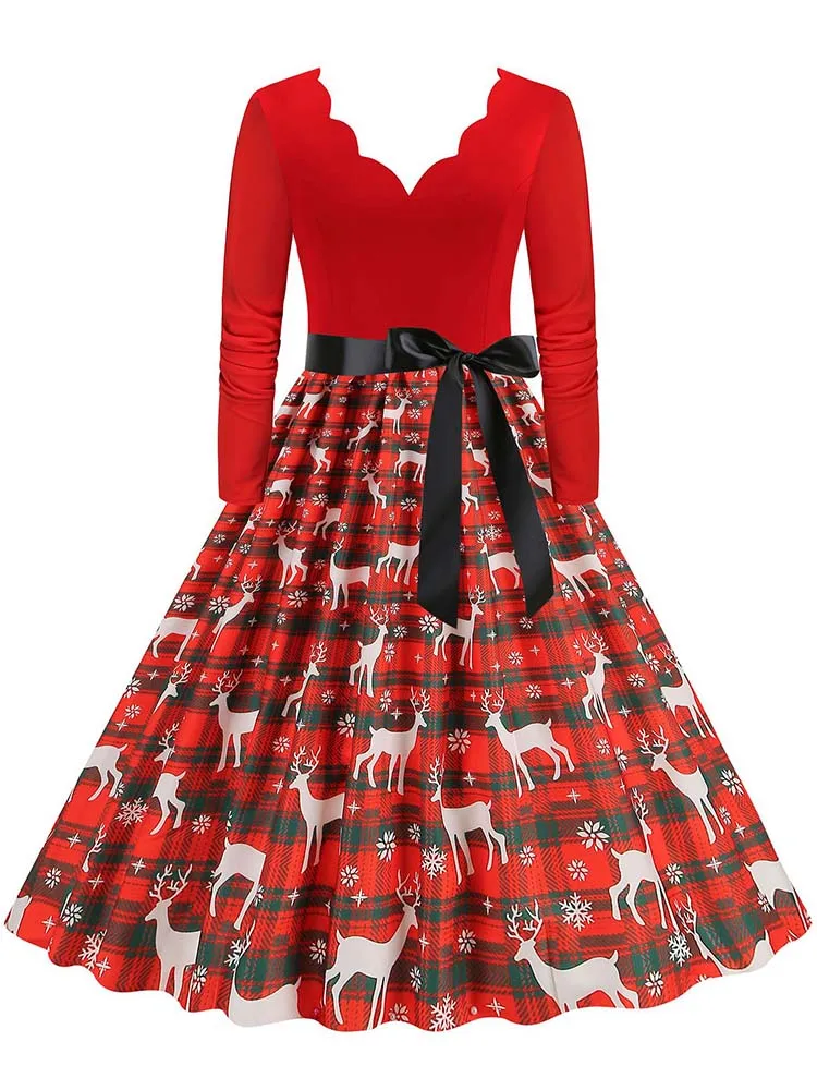 Vintage Kerst Swing Print Jurk voor Vrouwen Lange Mouw V-hals Casual Herfst Winter Sexy Nieuwjaar Feestkleding S ~ 3XL