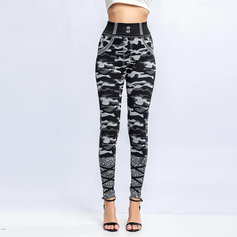 Camouflage Leggings Frauen Jacquard Denim Leggings Hohe Stretch Fitness Leggings Damen Schwarz Yoga Hosen