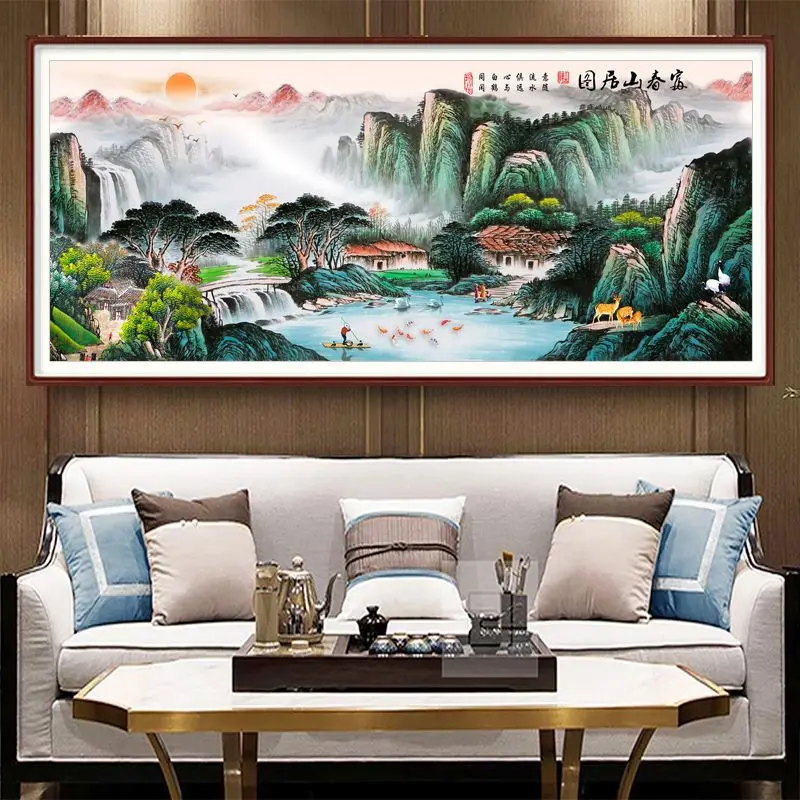 Fuchun Mountain Jutu Pure Handmade Cross Embroidery Finished Product New Living Room Scenery Flowing Water Generating Wealth