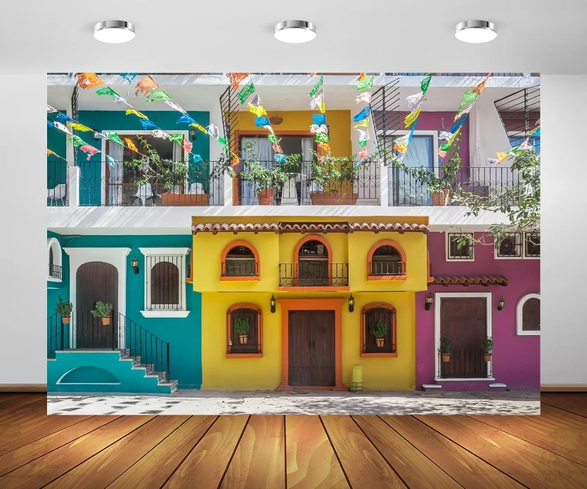 

Mexican Old Streets Backdrop Traditional Colorful Houses Building Paper Flags Mexican Fiesta Background Mexican Theme Party