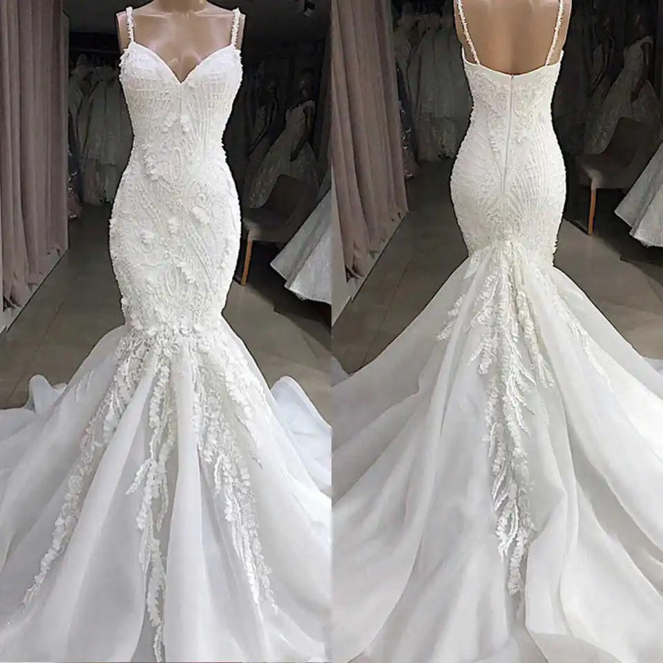 

Customized Mermaid Wedding Dresses Spaghetti Straps Sleeveless Lace 3D Appliques Sweep Train Bridal Gown Vestido De Novia