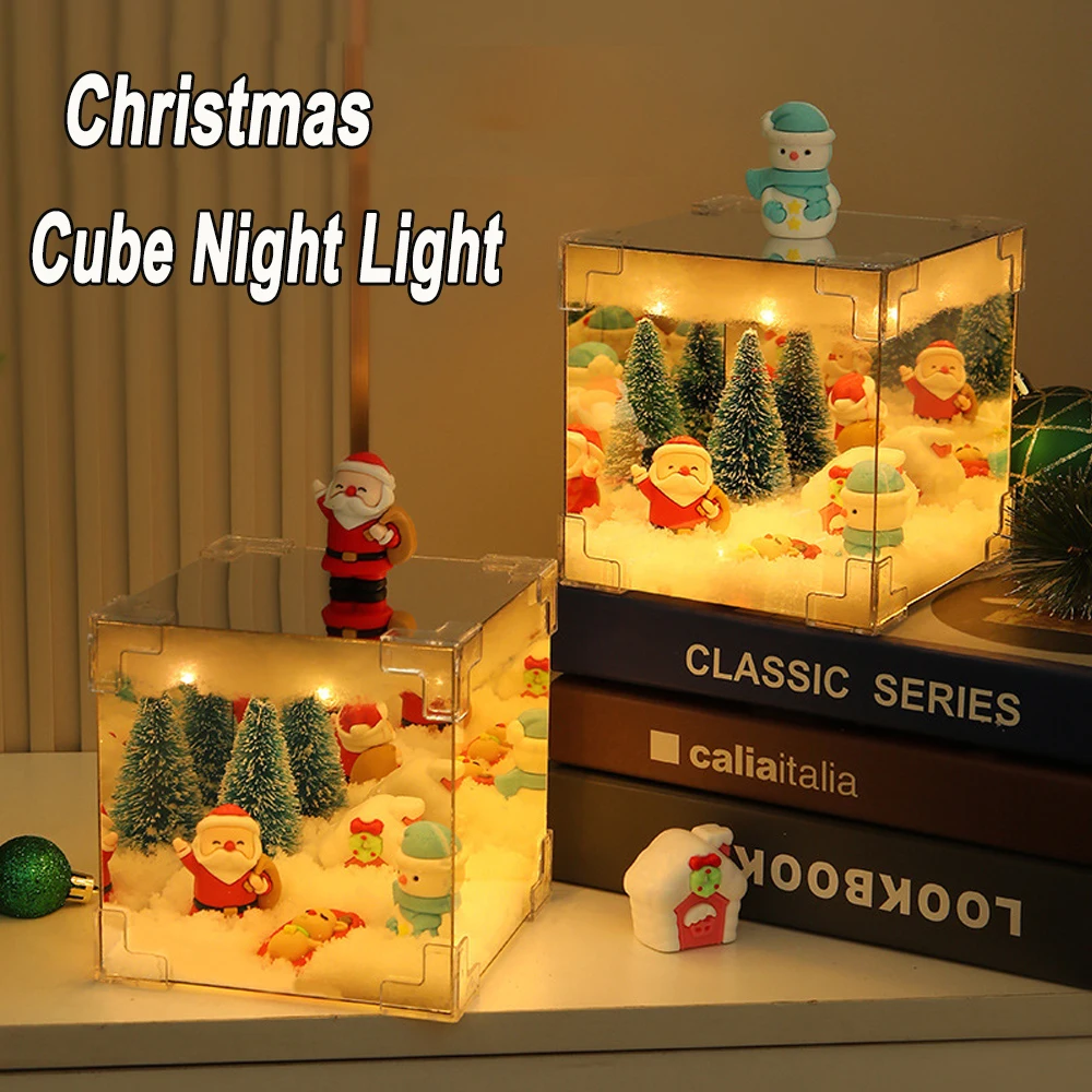 Christmas DIY Santa Claus Mirror Cube Lamp USB Table Lamp Handmade Craft Material Package LED Night Light Christmas Decoration