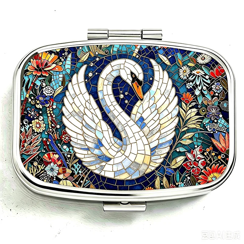 2pcs Round Pill Box/Mixed Color Floral Pattern with Gold-Plated Frame And White Swan Round Design, European Retro Embossed Style| 2D Flat Printing| Pocket Pill Box| Portable Metal Pill Box| Portable Jewelry Box| Pill Storage| Daily Packaging