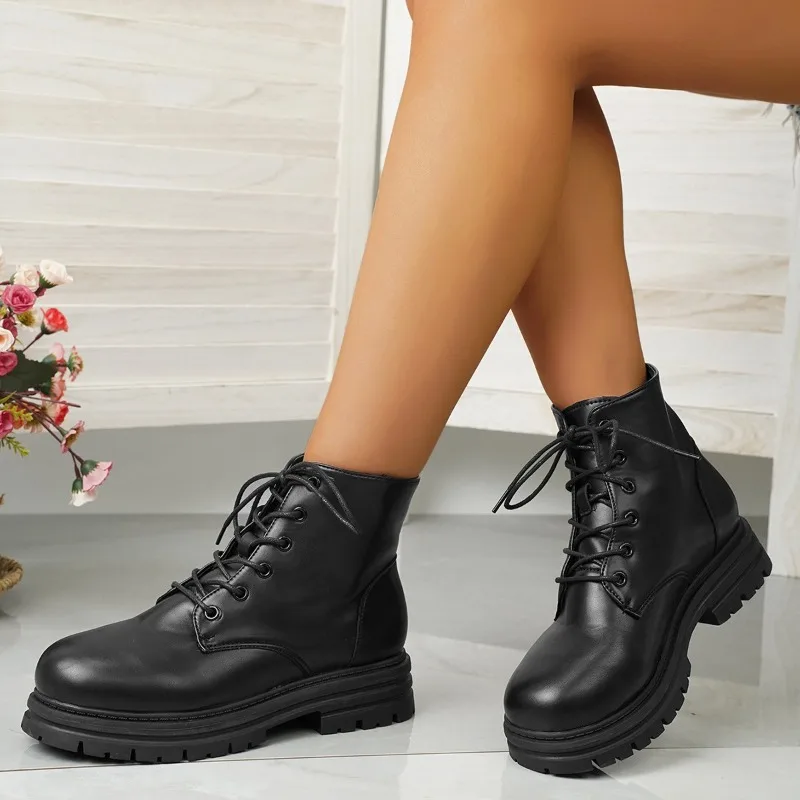 Ladies Shoes 2023 High Quality Lace Up Women's Boots Winter Round Toe Solid Middle Tube Platform Large Size Fashion Boots