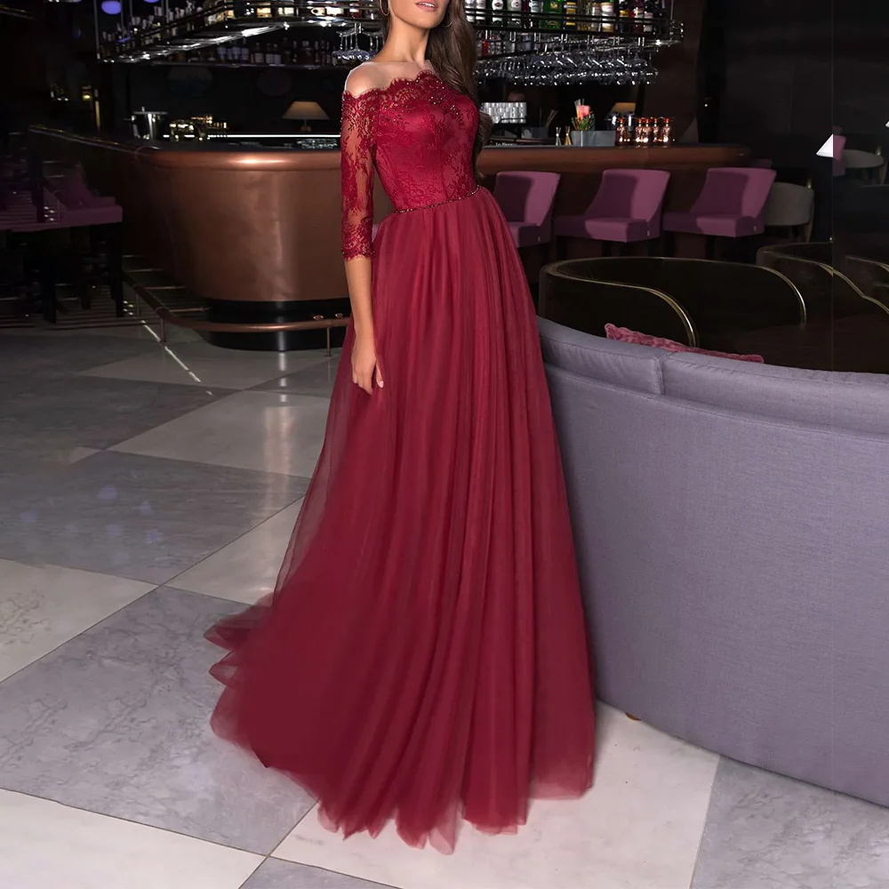 

Appliques Red Lace Tulle Elegant Evening Dresses Formal Party Prom Gowns Off-Shoulder Evening Prom Dresses Customized 2025